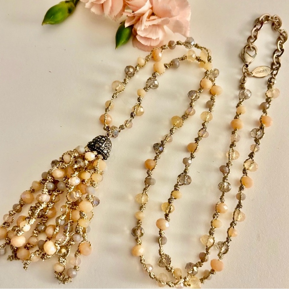 Chicos Necklace faceted peach cream silver beads,  woven gold twine, tassel 4”